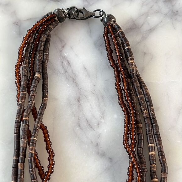 Multi strand, brown wooden and beaded necklace with turquoise - Picture 5 of 11